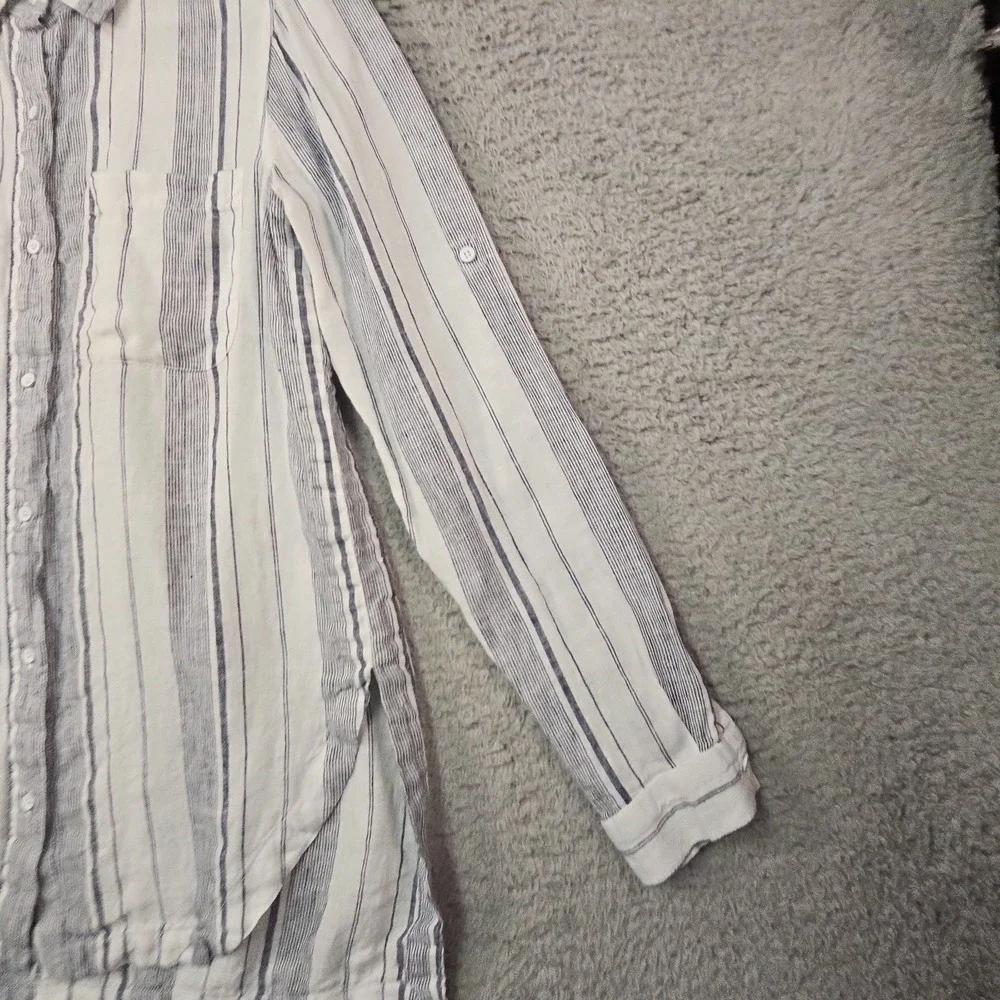 Athleta Shirt Womens XS White 100% Linen Striped Roll Tab L/S Top Coastal Beach‎